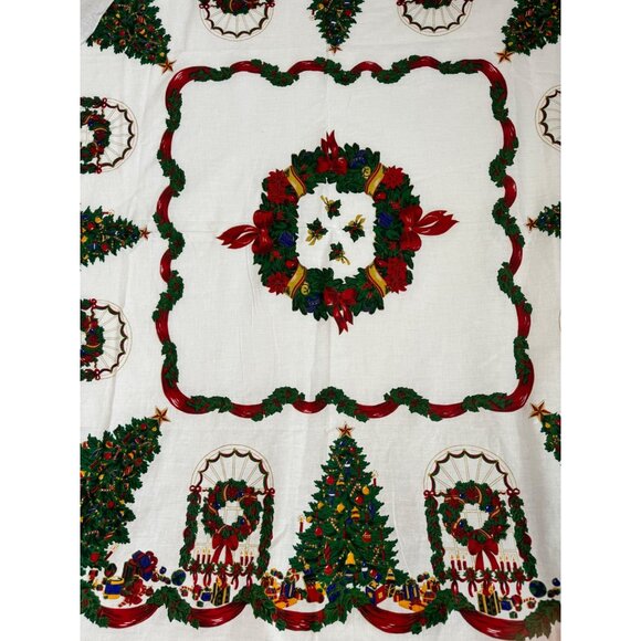 VTG Christmas Table Cloth White Trees Wreaths Presents 50x50” Holiday - Picture 1 of 8